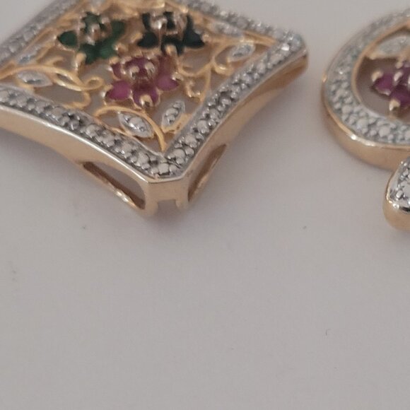 Sapphire Emerald Ruby Flower Pendant Gold Sterling - Picture 5 of 7